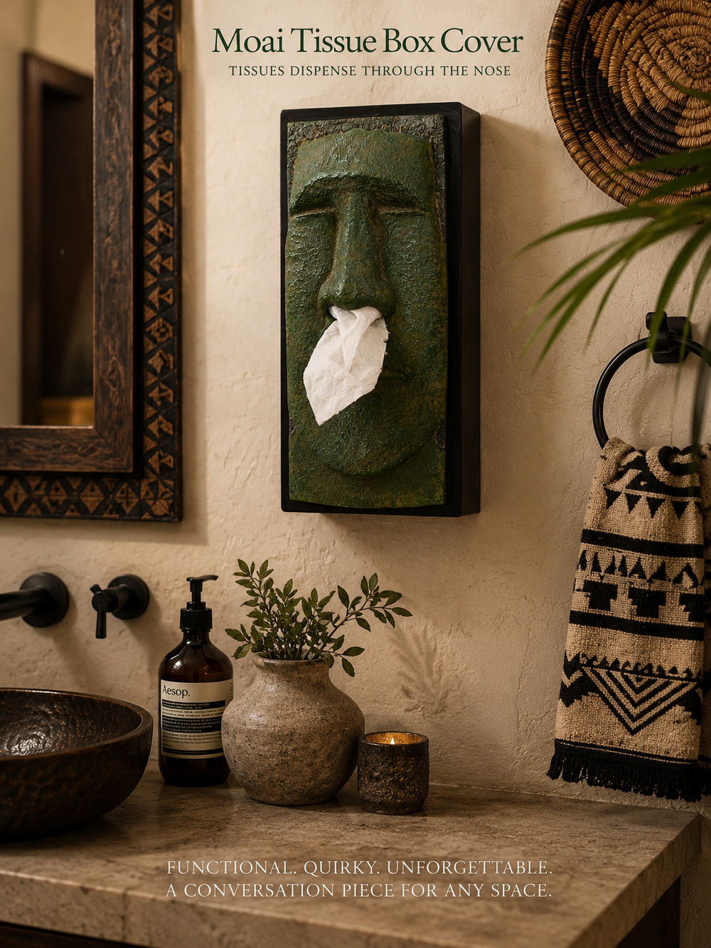 Rotary Hero Moai Easter Island Tiki Faux Stone Tissue Box Cover